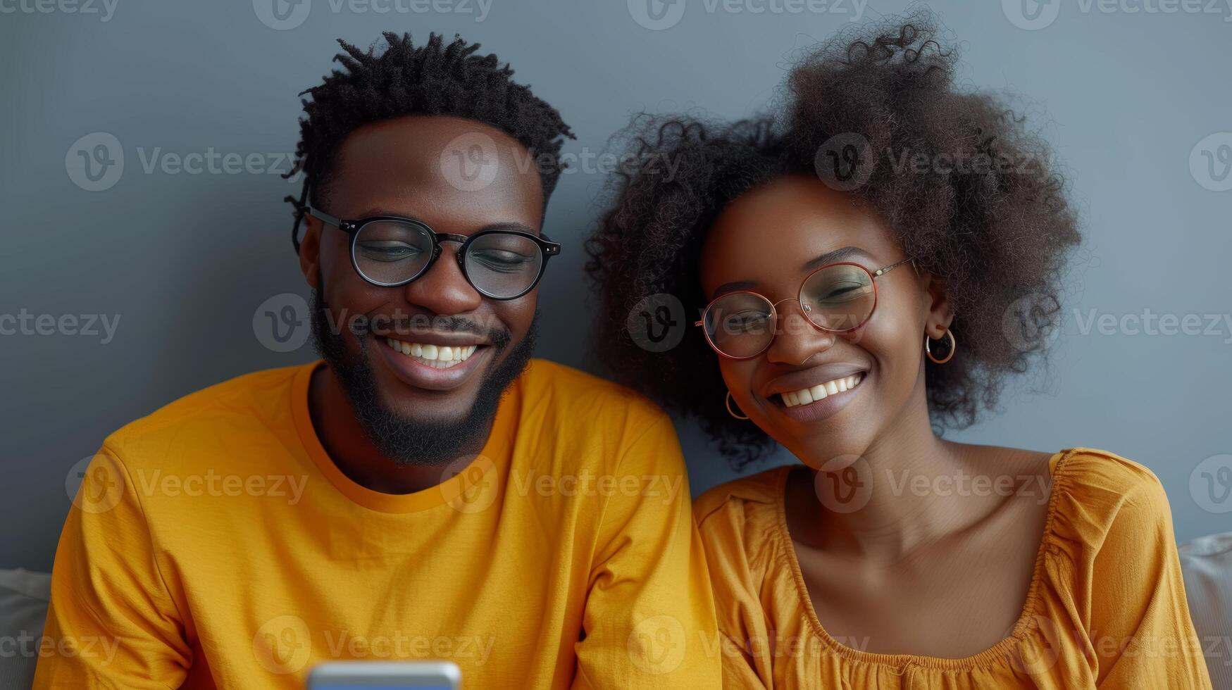 AI Generated Two attractive African-Americans holding smart phones while having fun on the internet, guy explaining new cool free online application to girl, showing pictures with finger, isolated on photo