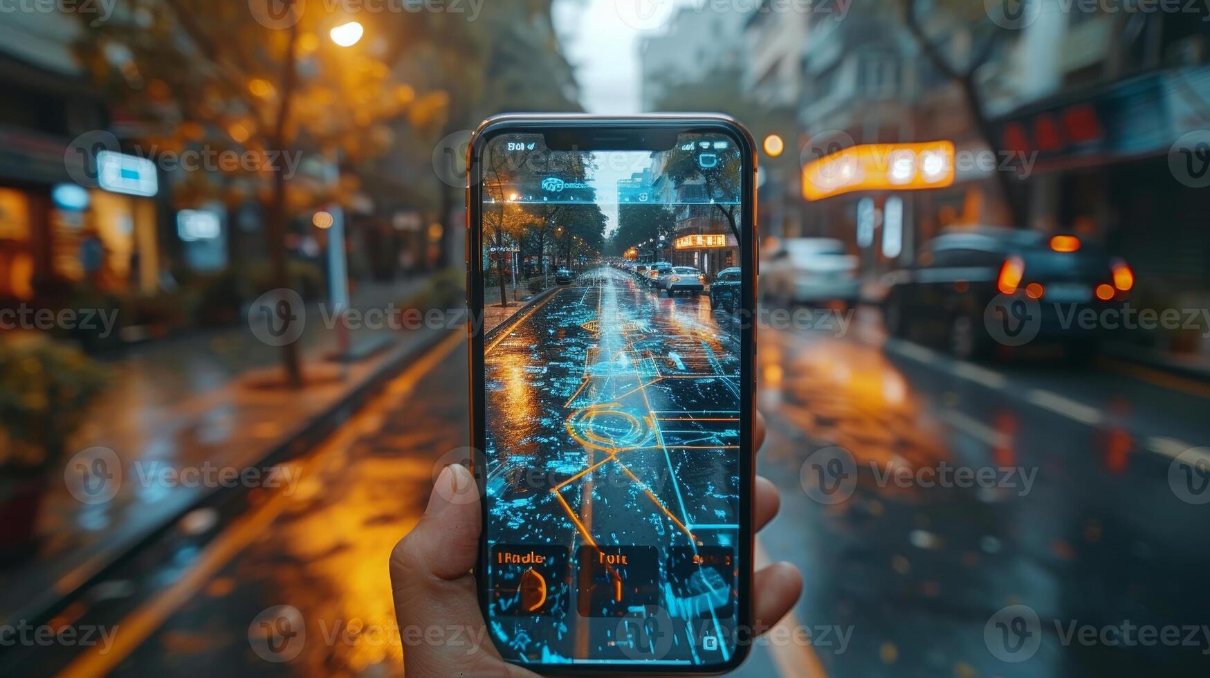 ai generado aumentado realidad tecnología siendo usado para navegación y basado en la ubicación servicios en móvil Los telefonos foto