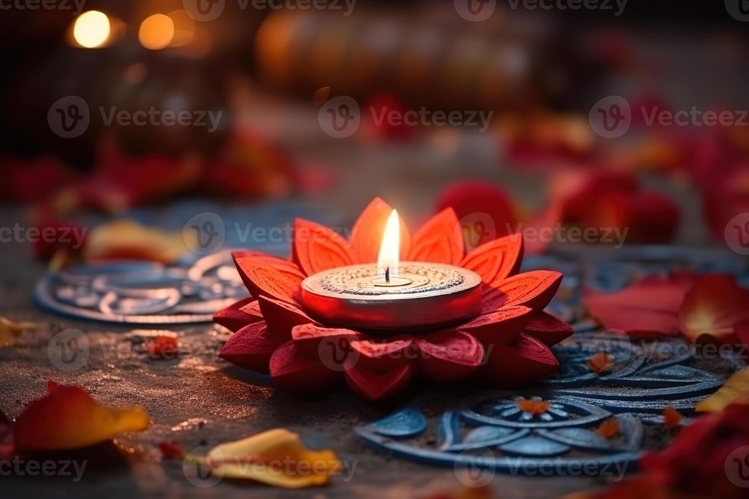 AI Generated Oil lamps lit on colorful rangoli during diwali celebration photo