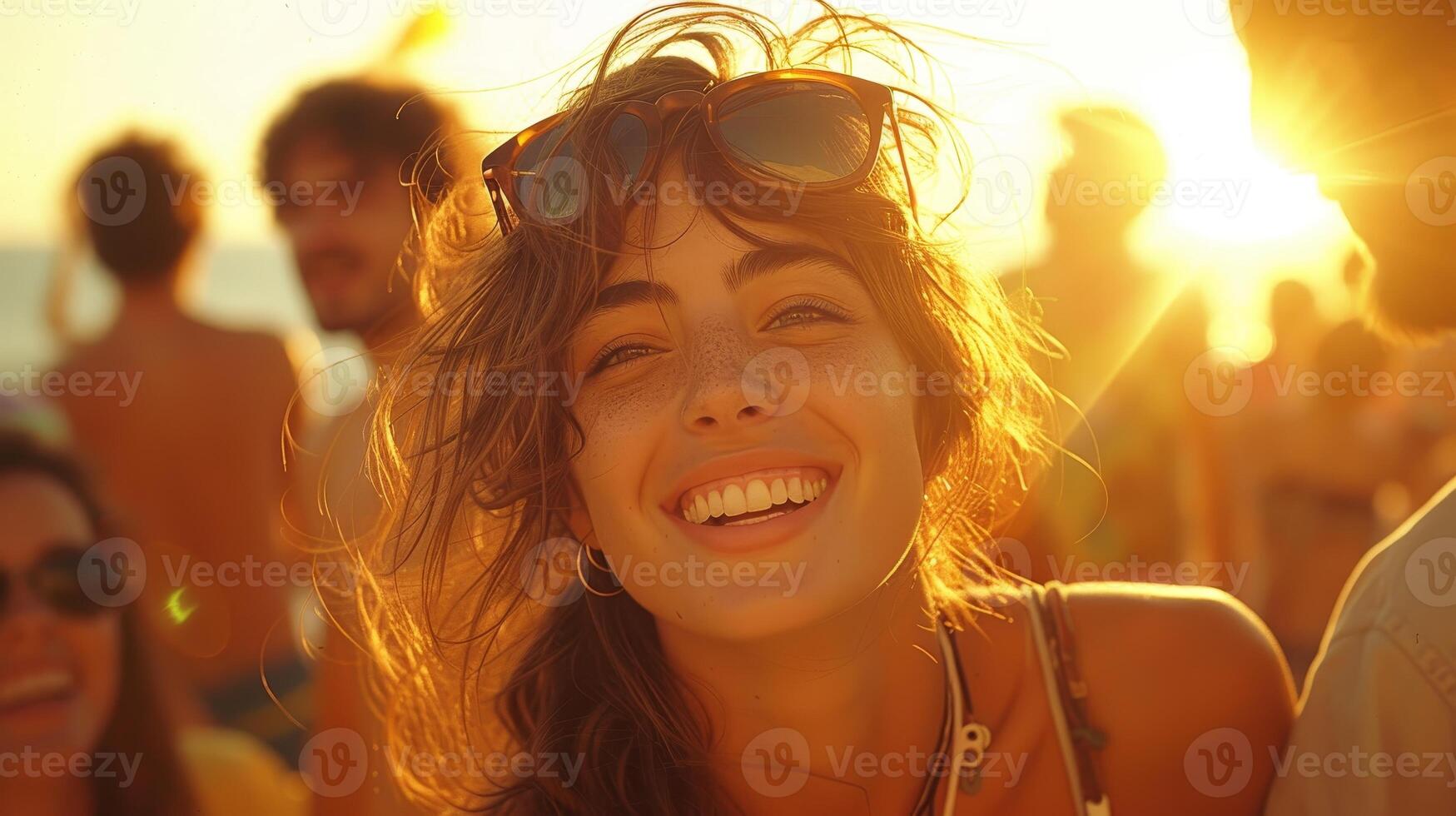AI Generated The scene shows a joyful crowd of men and women laughing in celebration as they enjoy an unforgettable summer music event at sunset. We intentionally used the grain of a 35mm film to photo