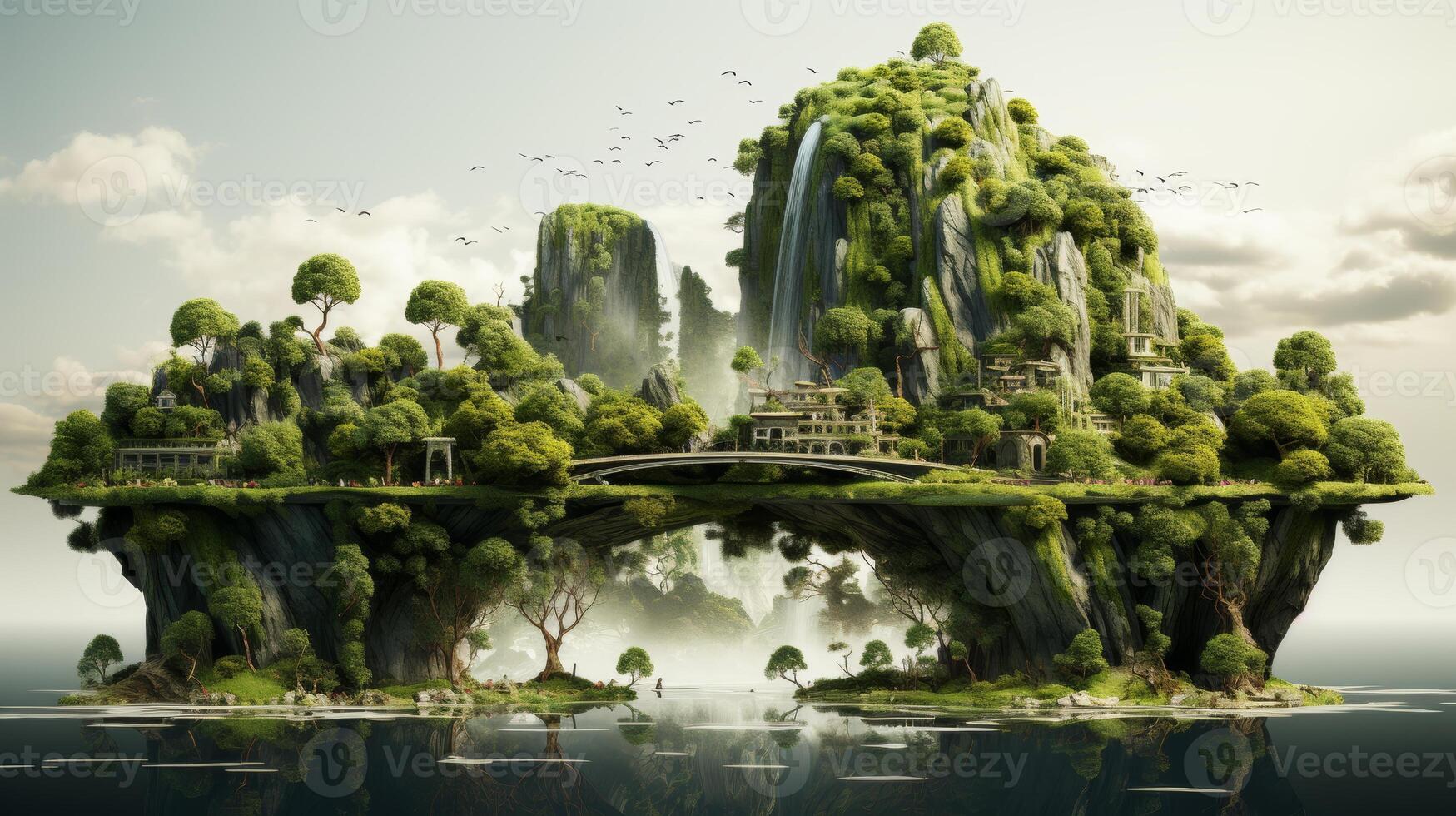 AI Generated This is a floating island with water, trees, green grass, and a river. It is isolated on a white background. It is surreal and surrealistic. photo