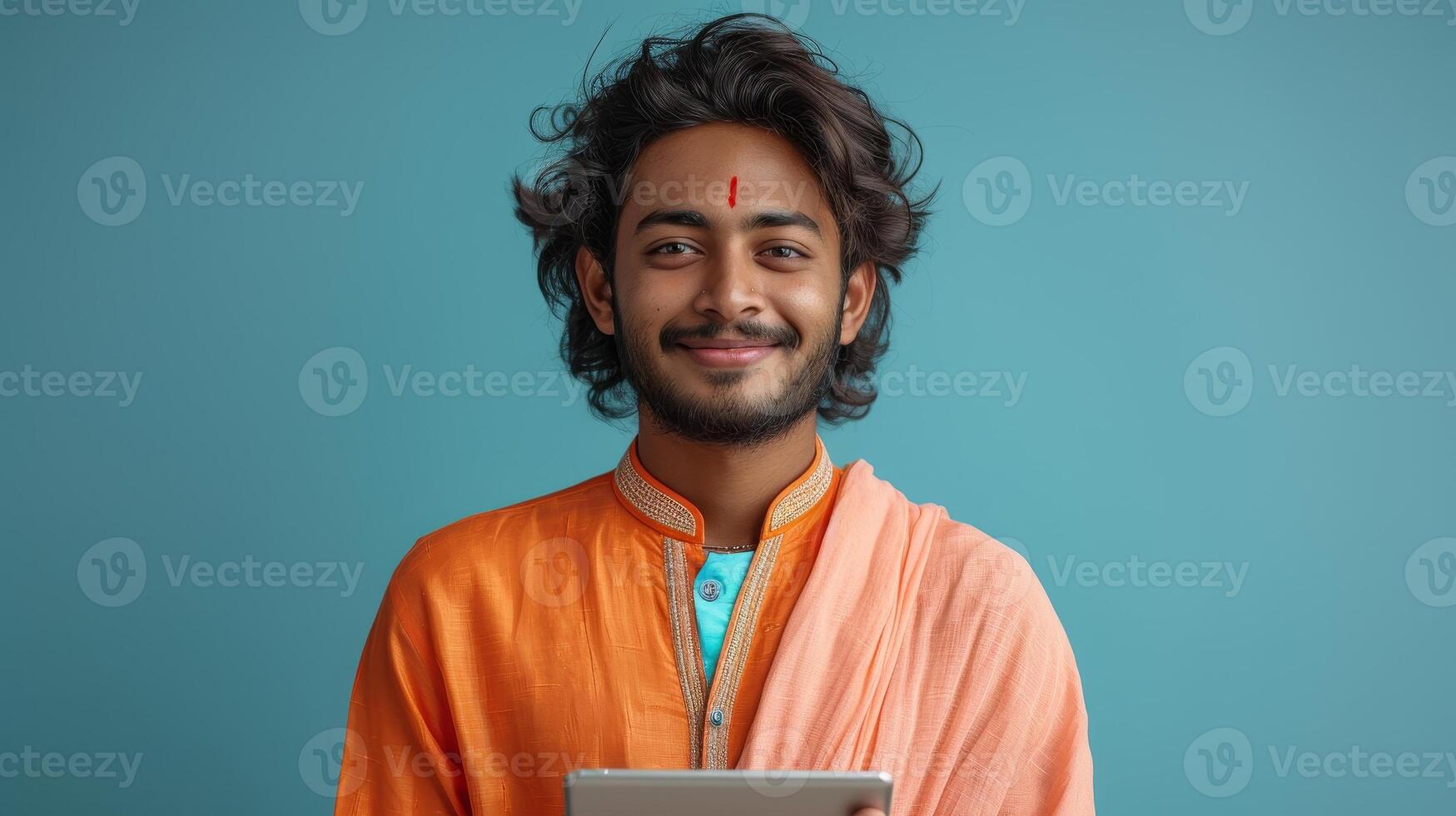 AI Generated An indian man using a digital tablet against a blue background, smiling, studying or communicating on the app, surfing online, reading e-books. photo