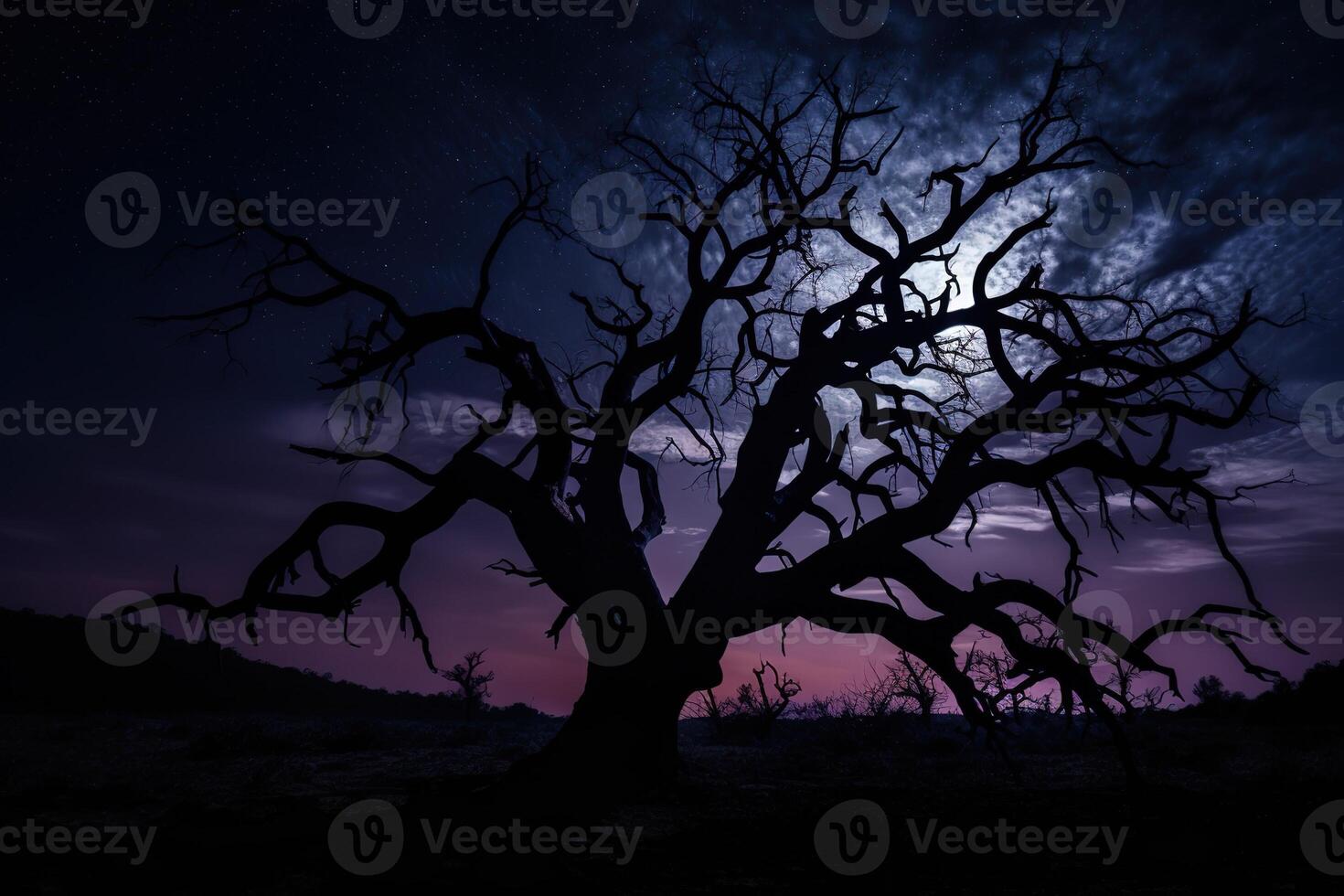 ai generado un muerto árbol en contra el noche cielo foto