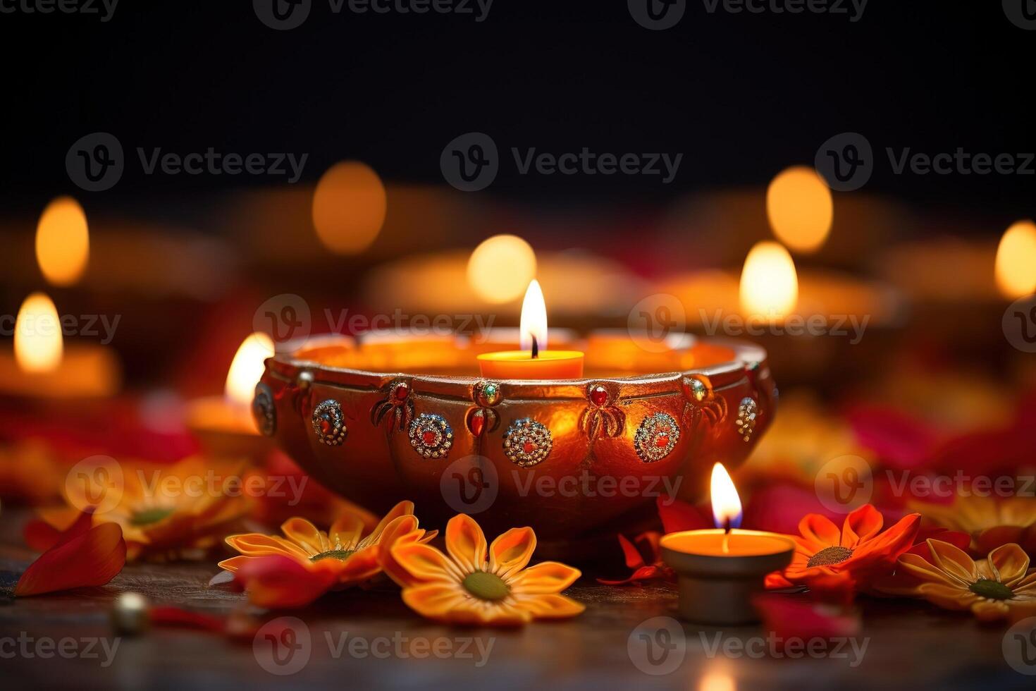 AI Generated Diya lights lamps on multicolored rangoli. photo