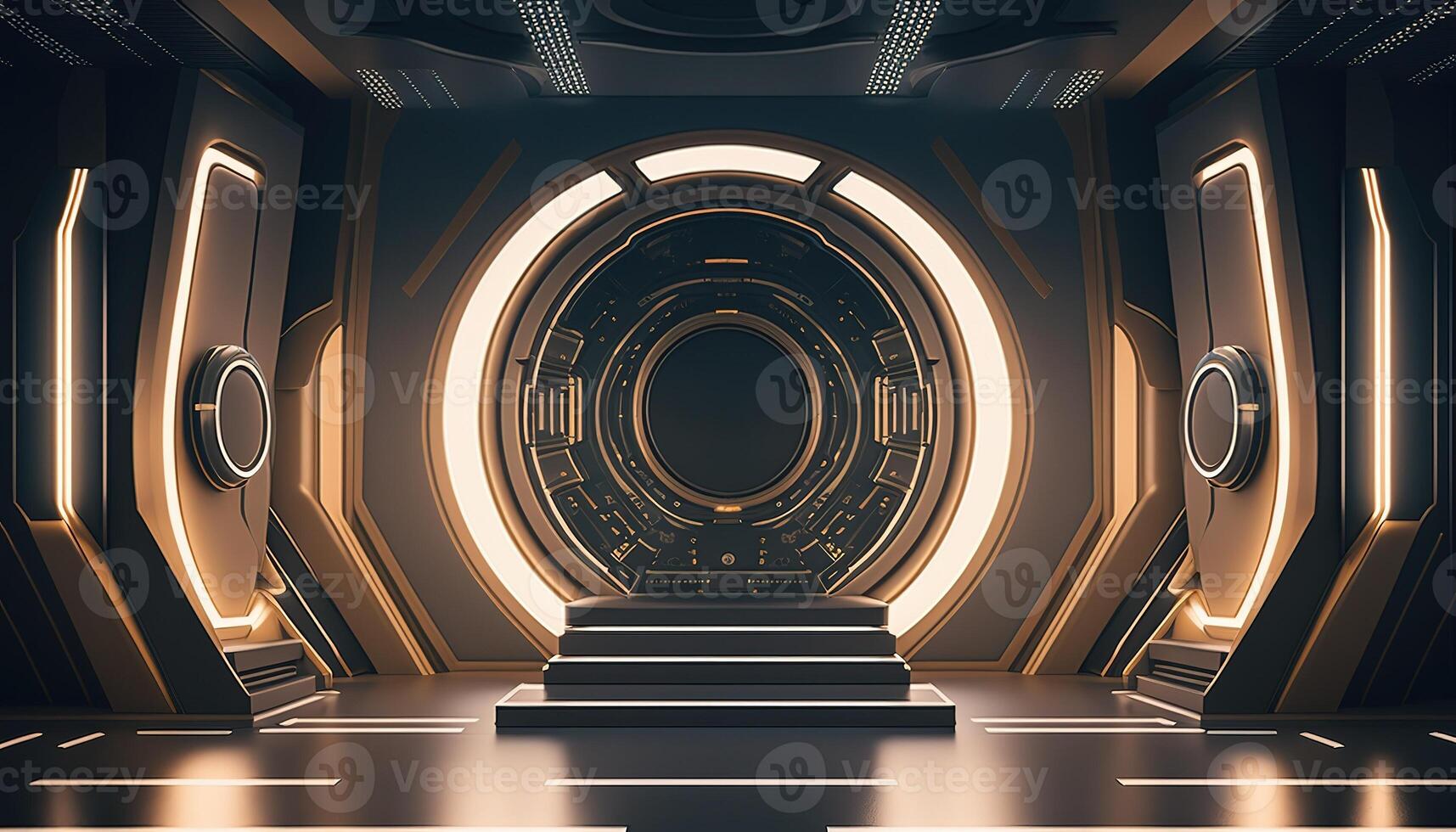 AI Generated Futuristic portal. Science fiction podium, pedestal, platform. Modern empty cyberpunk space. Technological background. Sky-fi digital hi-tech elements for presentation product. AI photo