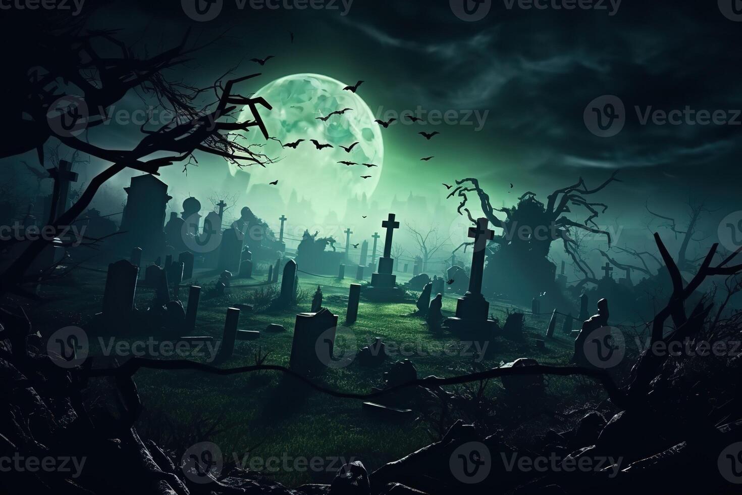 AI Generated Halloween Night Cemetery photo