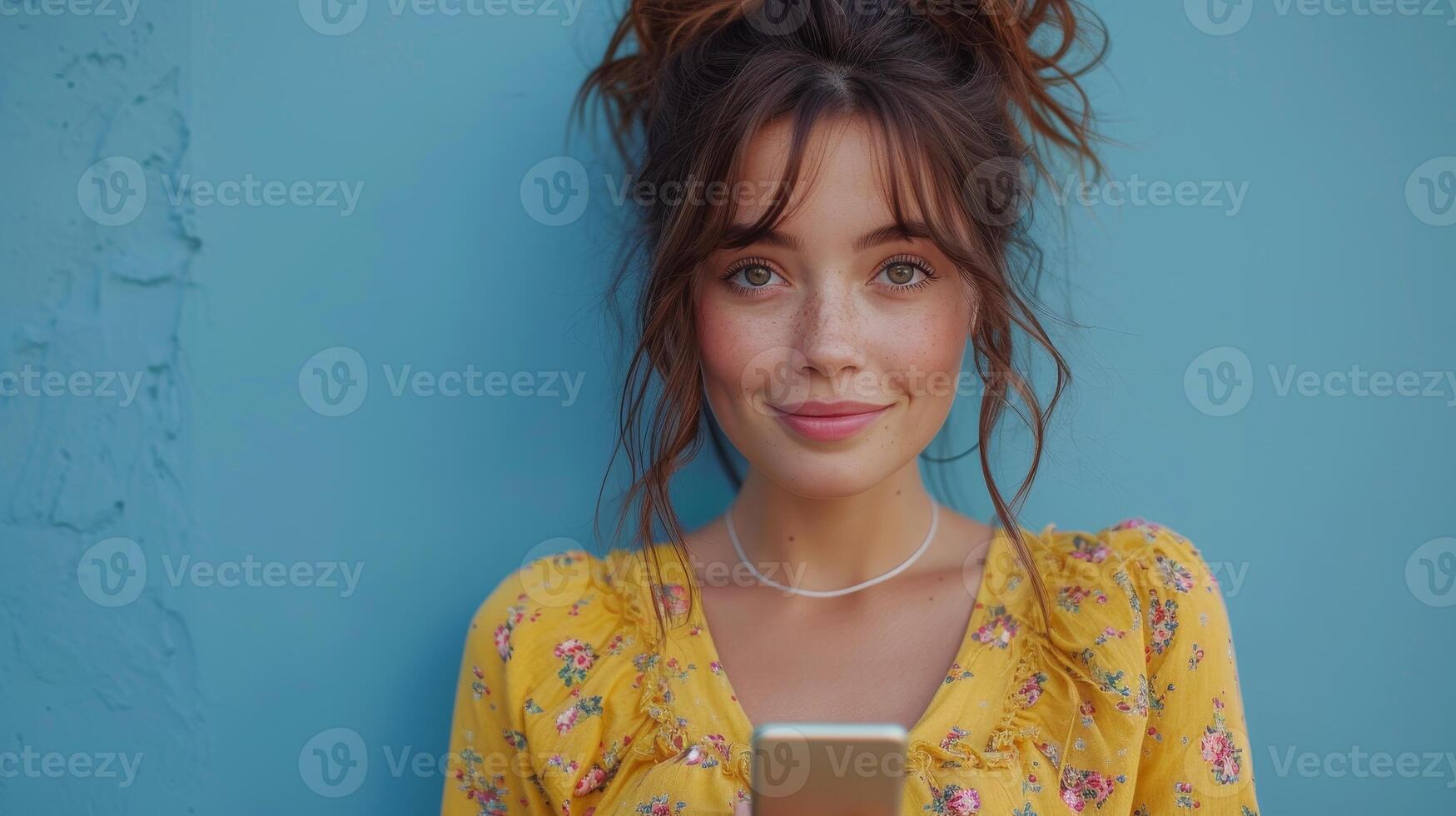 AI Generated Young curious smiling happy pretty latin woman holding mobile phone, using apps on cell phone and looking aside at copy space on blue background, holding phone and doing online shopping. photo