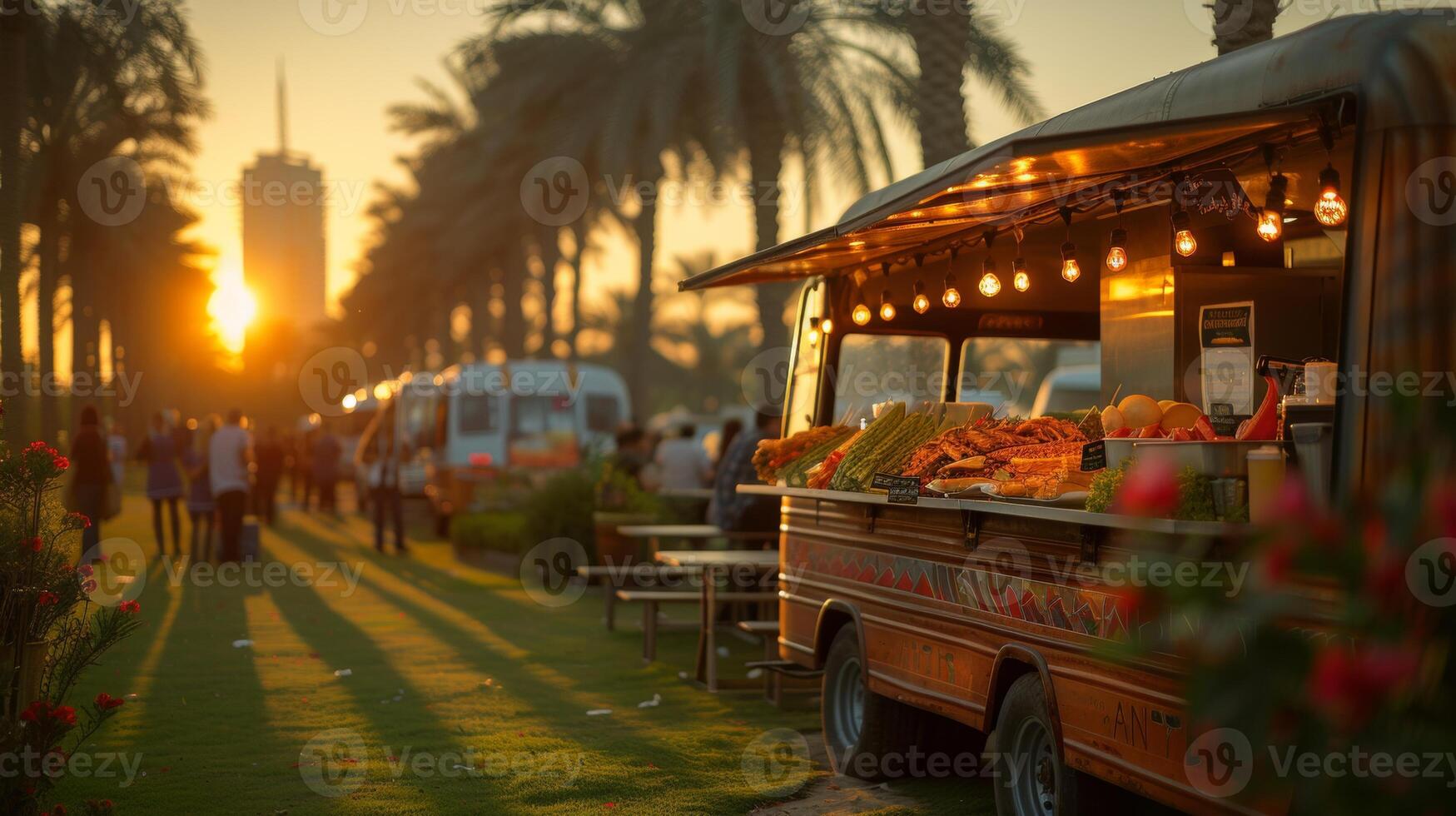 AI Generated In Dubai, UAE - March 26, 2016. food trucks and live music were featured as part of the Food Truck Jam at the Emirates Golf Club. photo