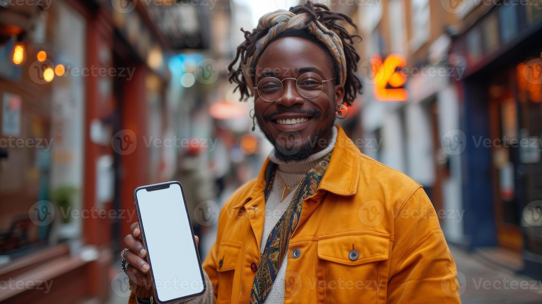AI Generated Man Holds Blank Cell Phone Showing White Screen To Camera Pointing At You, Millennial Guy Recommends Mobile Application To Camera, Mockup Banner Collage. photo