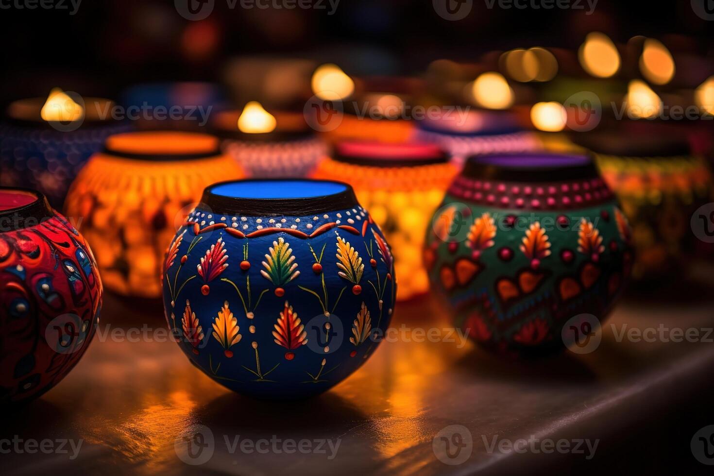 AI Generated Happy Diwali - Clay Diya lamps lit during Diwali photo