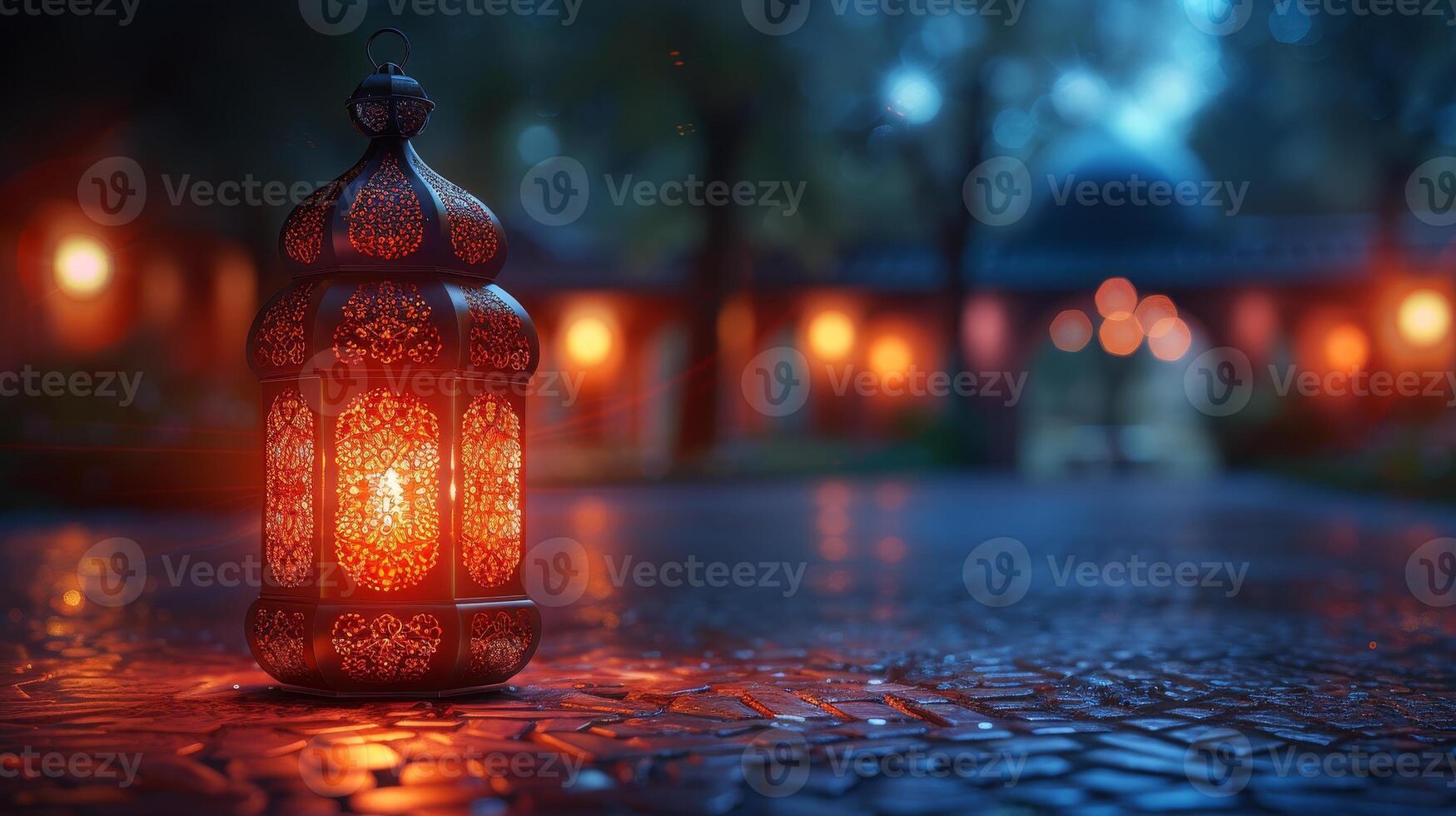 ai generado un ornamental Arábica linterna con un ardiente vela ilumina a noche. festivo saludos tarjeta siendo expedido para el musulmán fiesta de Ramadán kareem foto
