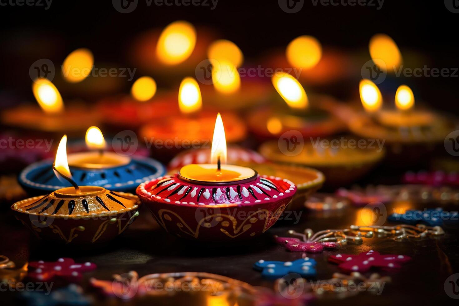 AI Generated Happy Diwali - Colorful clay diya lamps lit during diwali celebration with copy space photo