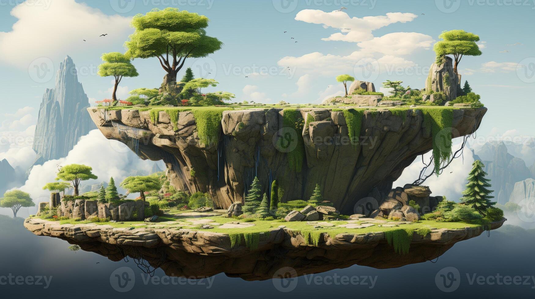 AI Generated A floating paradise rock image with grass field isolated on an abstract background, showing a floating rock with grass lawn on an empty field. Surreal 3d rendering of float stone land photo
