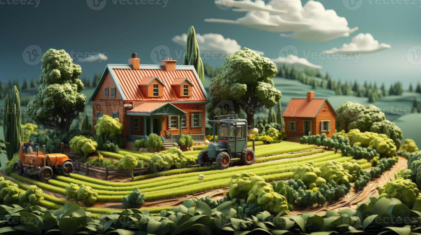 AI Generated 3D Farm with tractor and crops isolated. Tractor harvesting on farm land. Farm island, Smart farming concept. photo