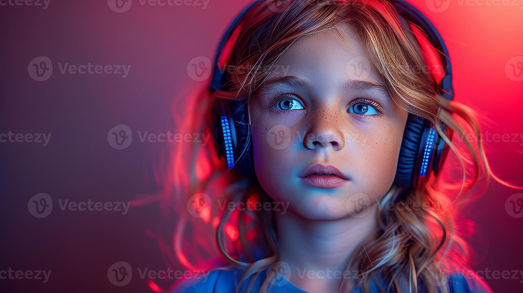 AI Generated Studio shot of a young boy listening to music under neon lights. A portrait of the child with headphones against a red and purple background. photo