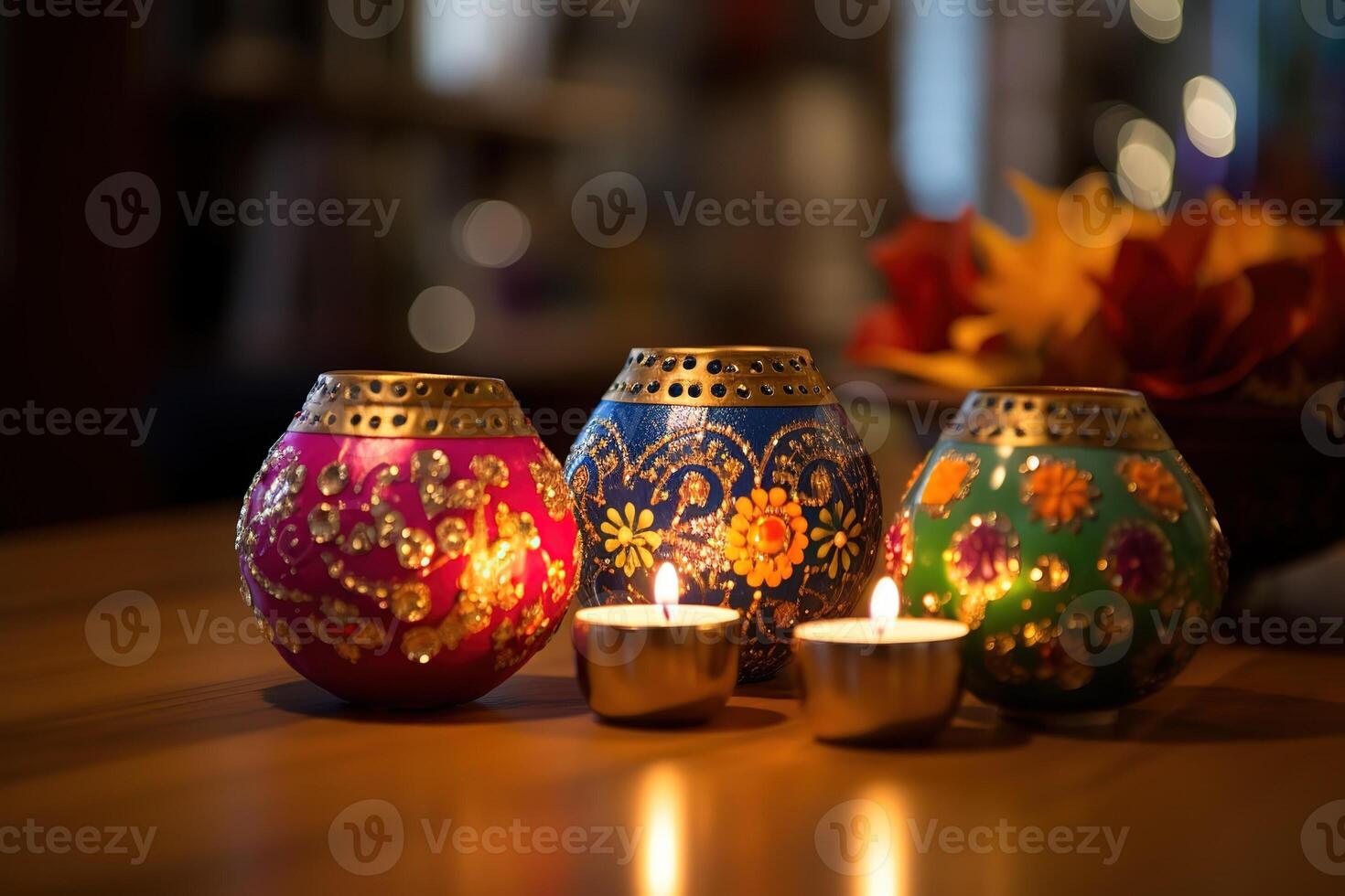 AI Generated Happy Diwali - Colorful clay diya lamps lit during diwali celebration with copy space photo