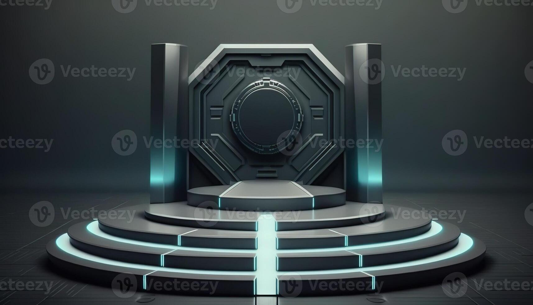 AI Generated Futuristic portal. Science fiction podium, pedestal, platform. Modern empty cyberpunk space. Technological background. Sky-fi digital hi-tech elements for presentation product. AI photo
