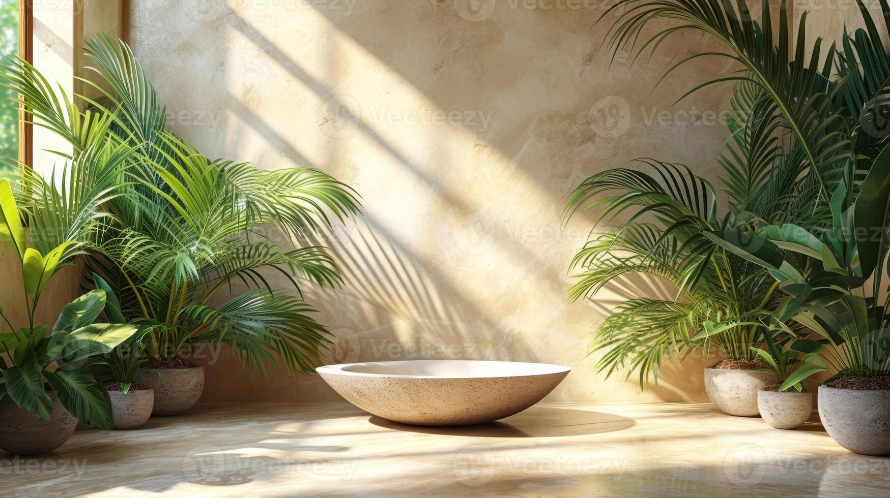 AI Generated The background of an empty square podium for cosmetic product presentation is a pale beige, with shadows, tropical palm leaves, and light. Podium, stage pedestal platform for cosmetic photo