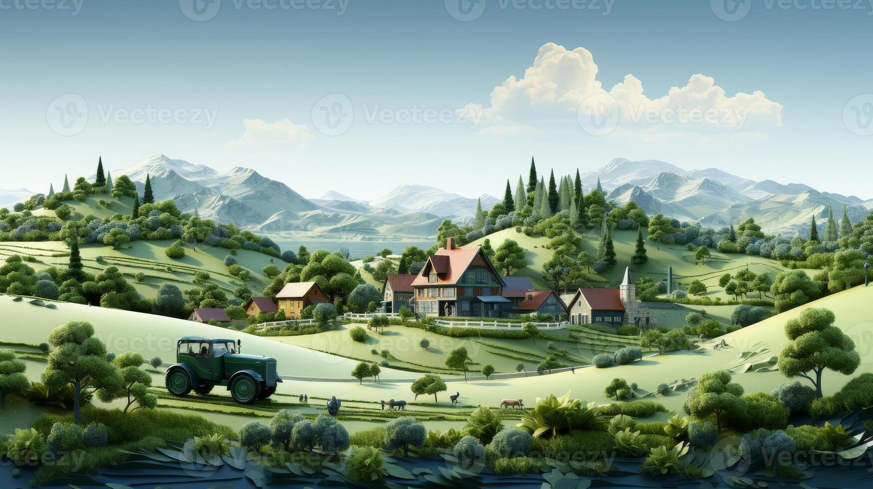 AI Generated The land of a farm is isolated on a white background with crops and machinery. The farm is made up of meadow landscape with machinery view. Smart farming with a modern farm business photo