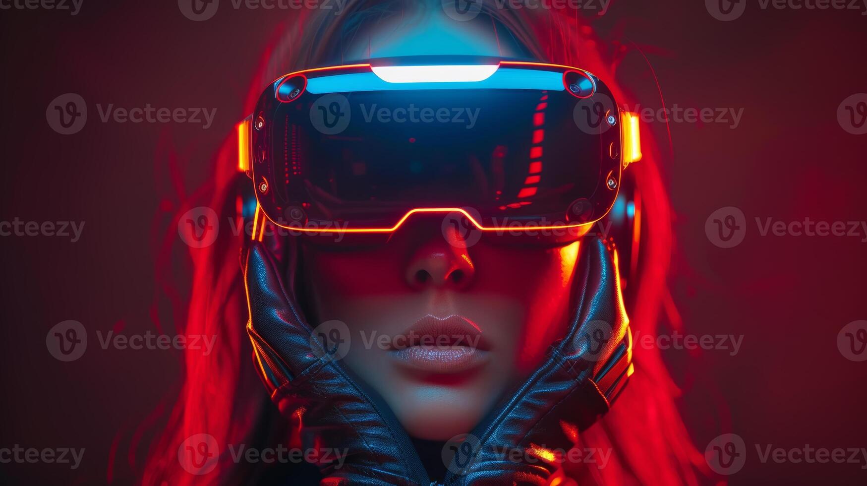 AI Generated Virtual reality glasses wearing girl. Augmented reality game, future technology, AI concept. VR. Neon blue and red light. Dark background. photo