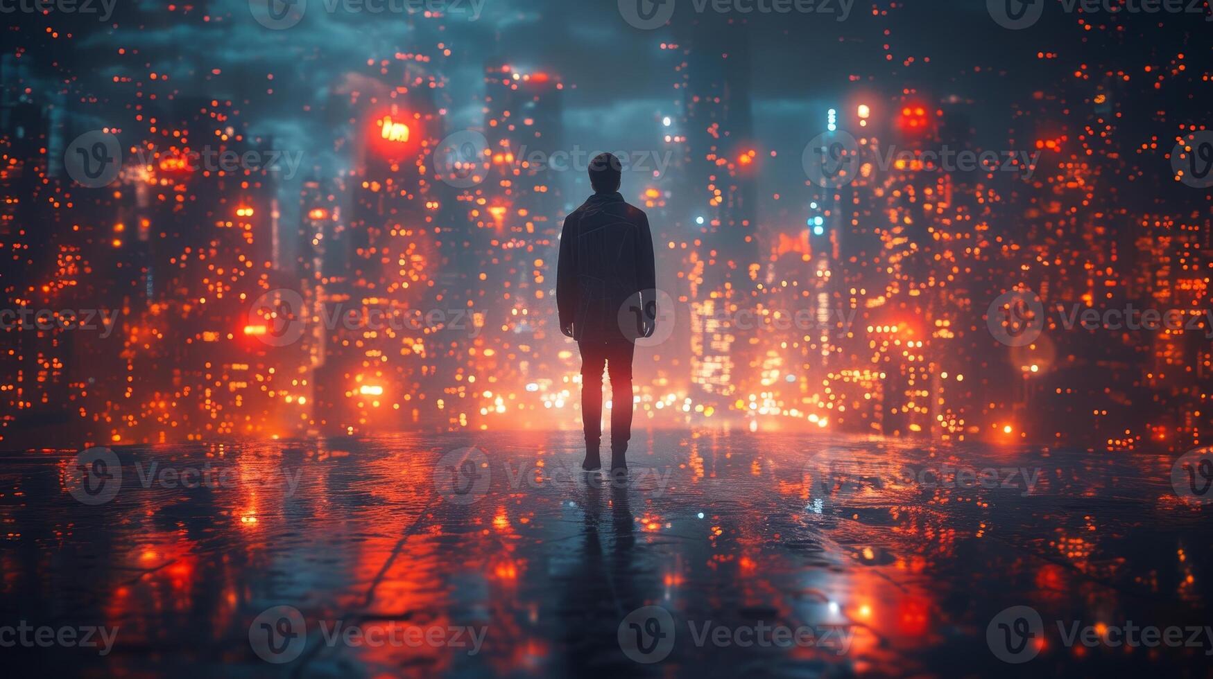 AI Generated An urban business man walks on the future Pattaya city background and interacts with the futuristic application graphic at night, in cyberpunk colors photo