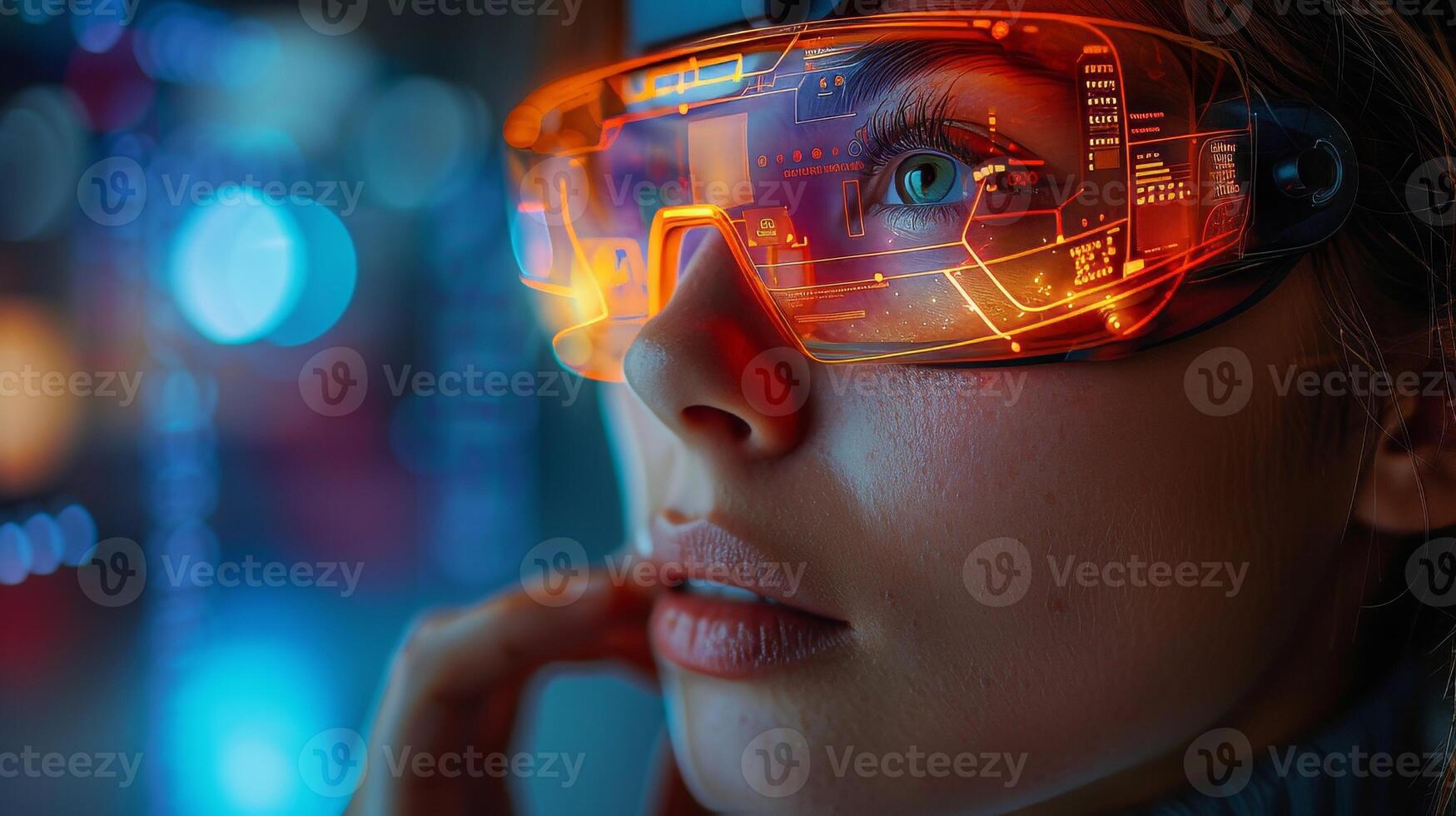 AI Generated An electronic tablet in the hands of a woman. A girl wearing glasses of virtual reality presses a start button. Holographic interface to display data. Dark background. Augmented reality photo