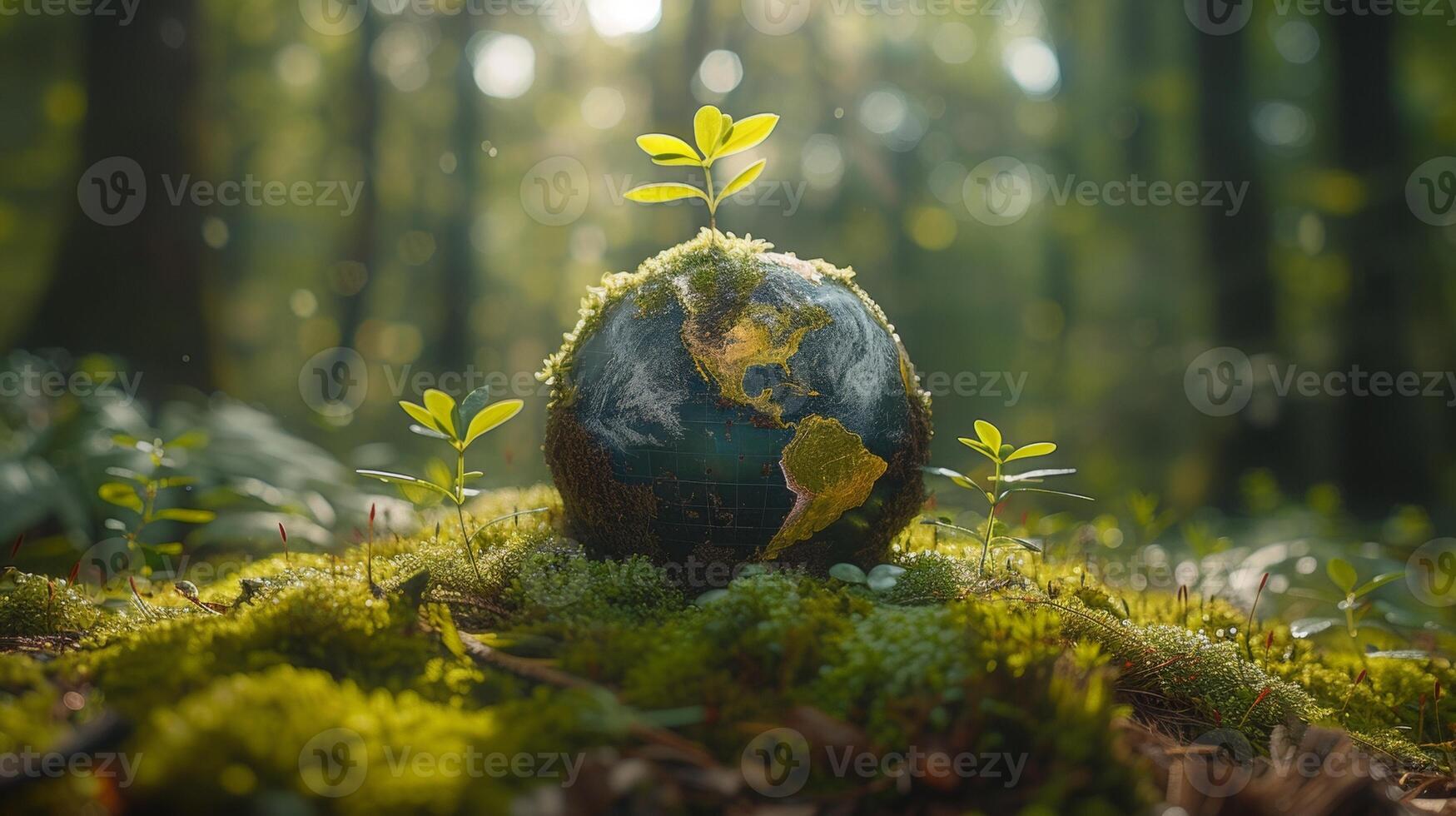 AI Generated An abstract sunlit green globe in a forest with moss and defocused abstract sunlight celebrating Earth Day photo