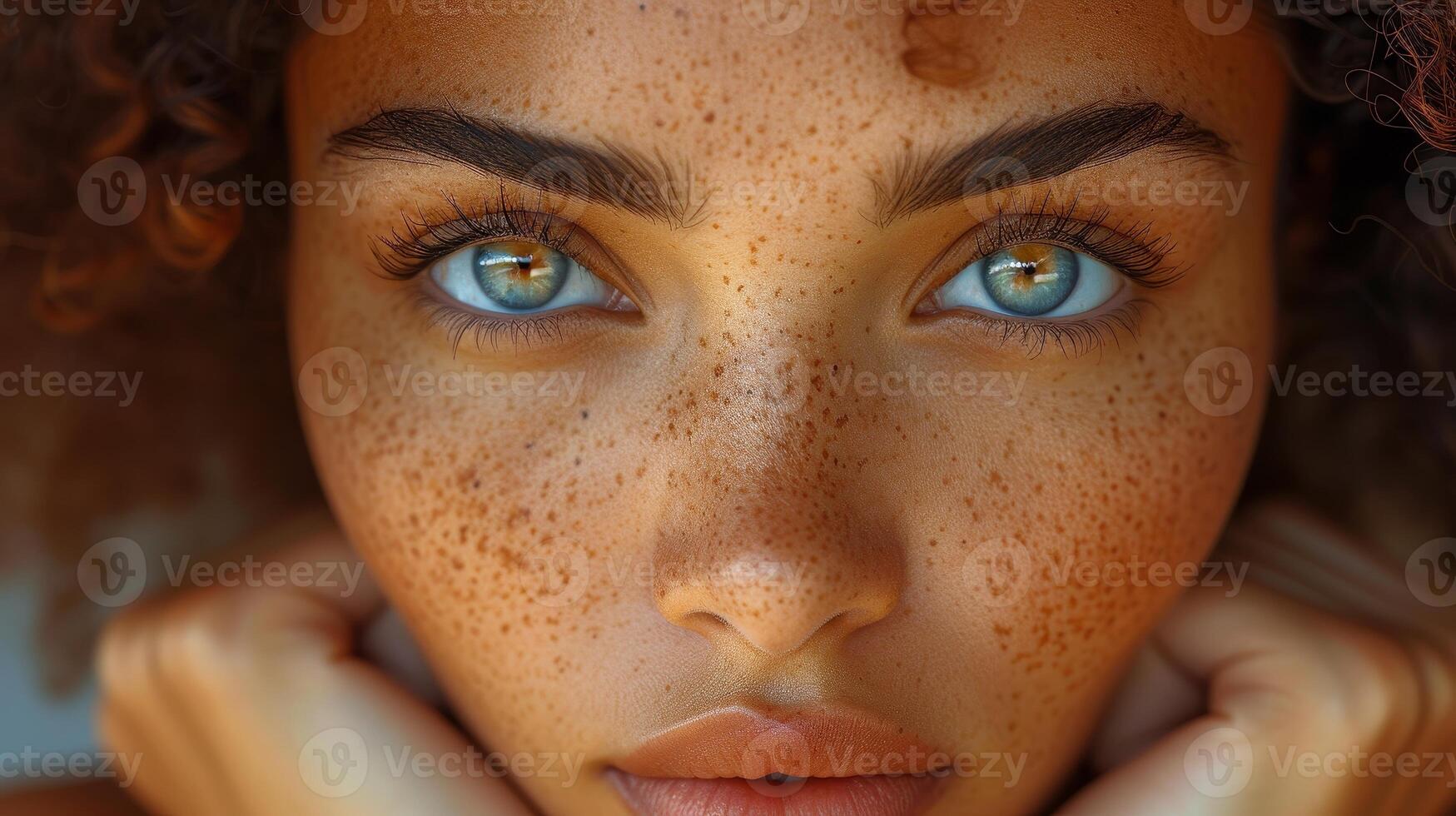 AI Generated Aesthetic, facial and skincare cosmetic model girl touching cheeks for self-love and wellness. Portrait of black woman with healthy freckle skin texture. photo