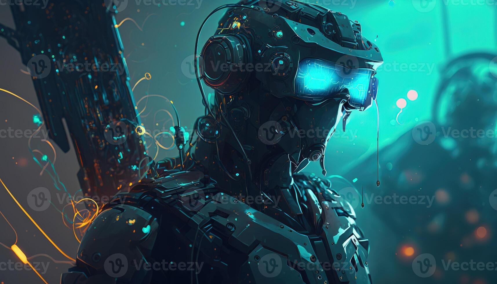 AI Generated Metaverse concept and virtual world elements. Silhouette of a human face in augmented or virtual reality headset, Generative AI technology photo