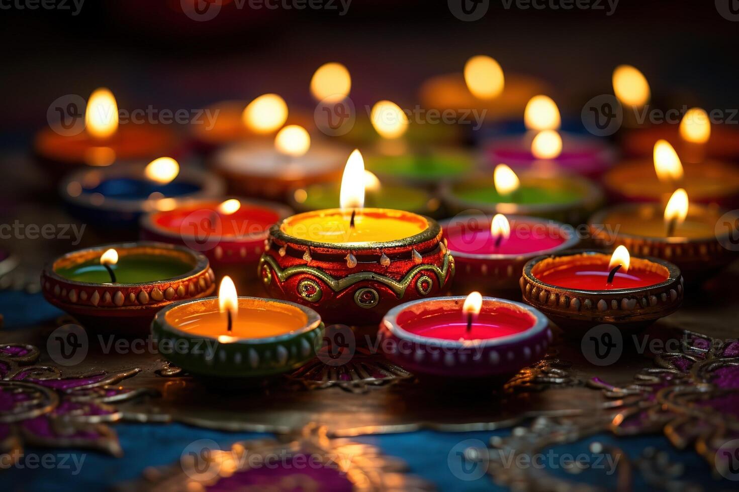 AI Generated Colorful lamp lit during the celebration of Diwali photo