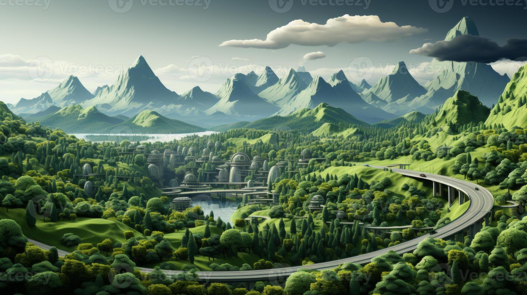 AI Generated Travel and tourism advertisement with curved road with floating forest land with mountains, trees, and animals isolated. photo