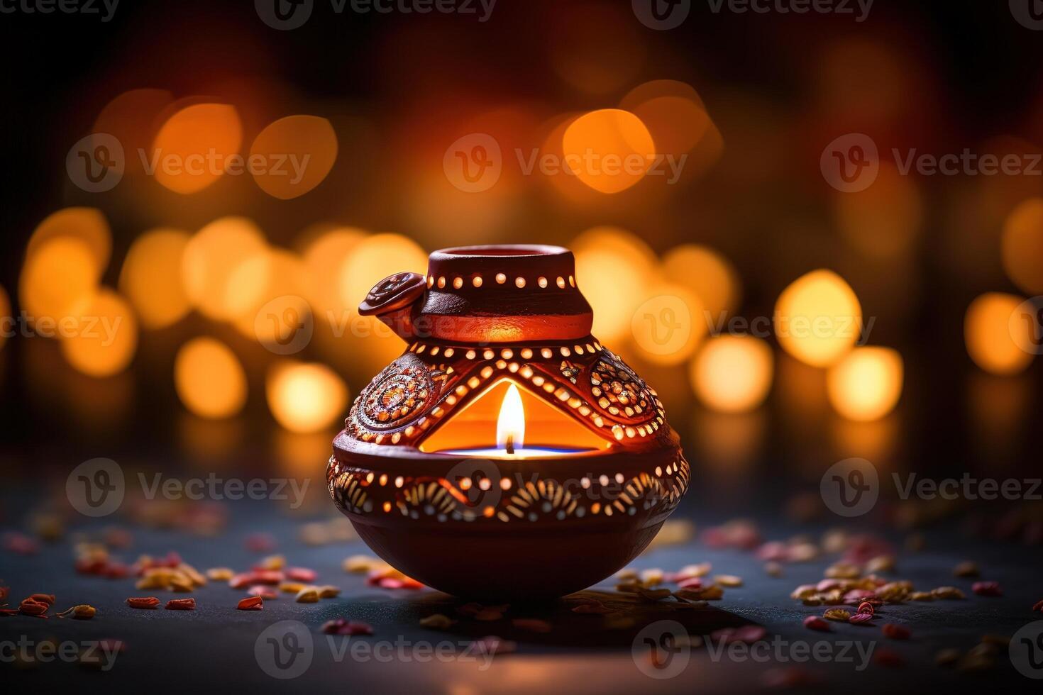 AI Generated Diya lights lamps on multicolored rangoli. photo
