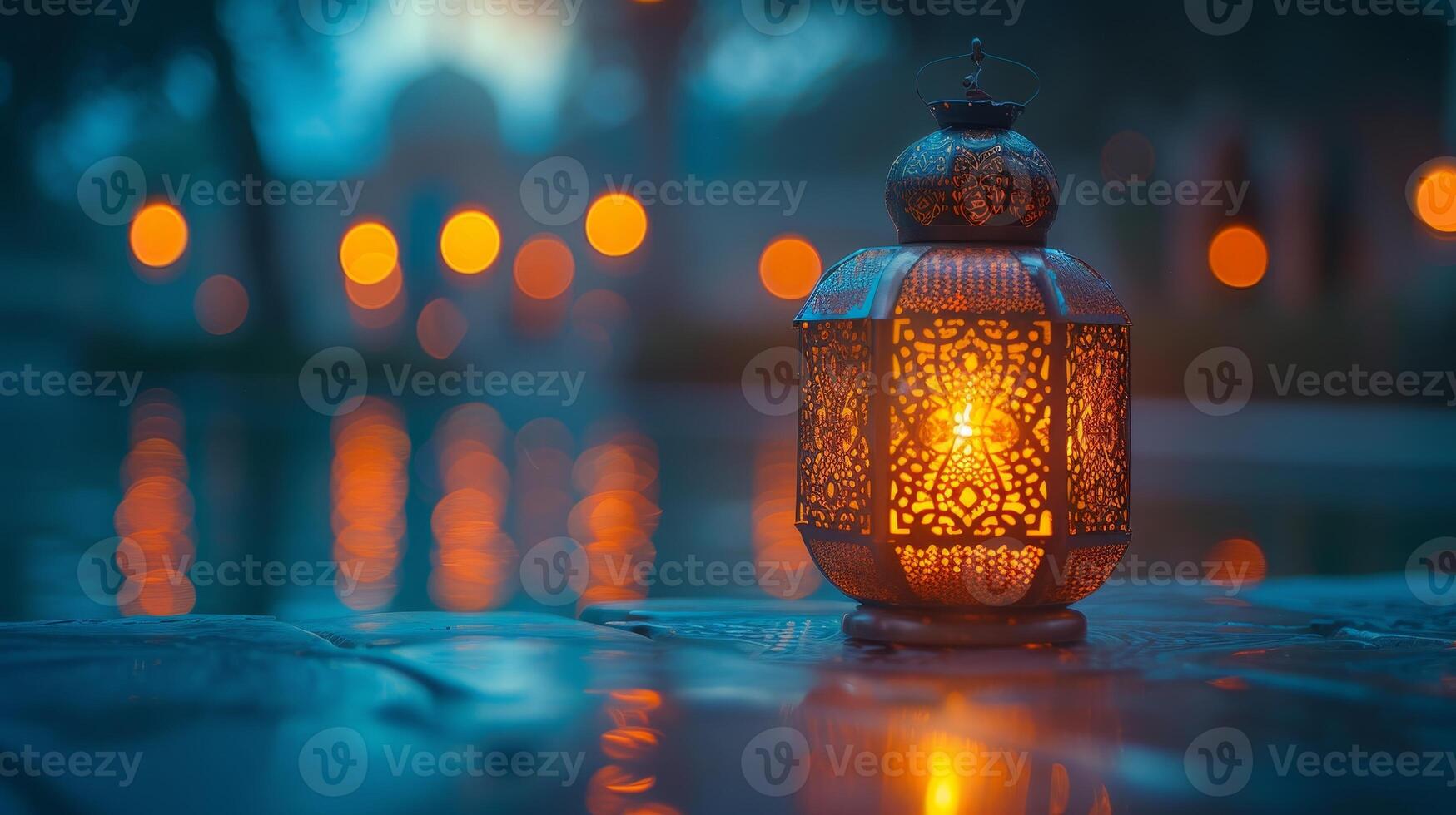 ai generado el musulmán santo mes de Ramadán kareem es marcado con un ornamental Arábica linterna iluminado por un ardiente vela foto