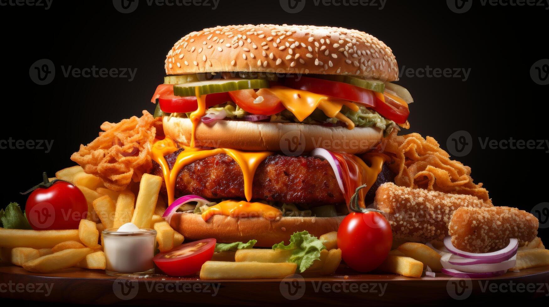 AI Generated A collection of fast food items isolated on white background. These include onion rings, sandwiches, fried chicken, pizza slices, hamburgers. photo