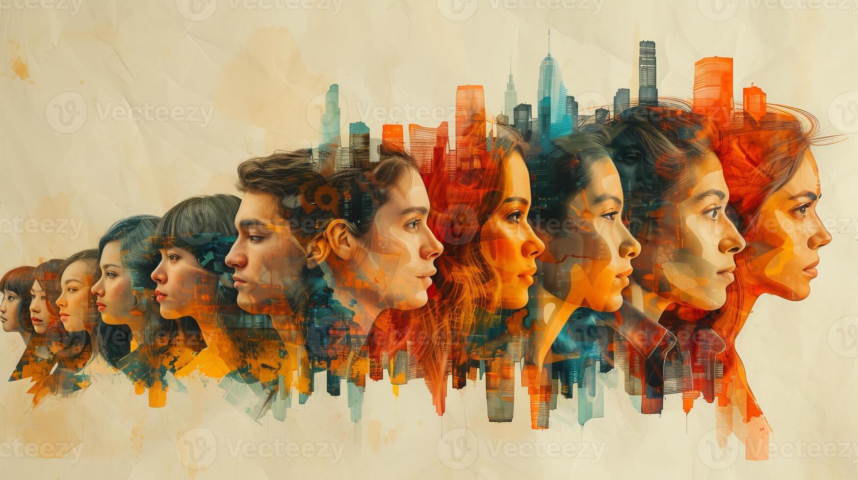 AI Generated Minimal magazine sketch collage of people interacting with modern technology isolated in beige color photo