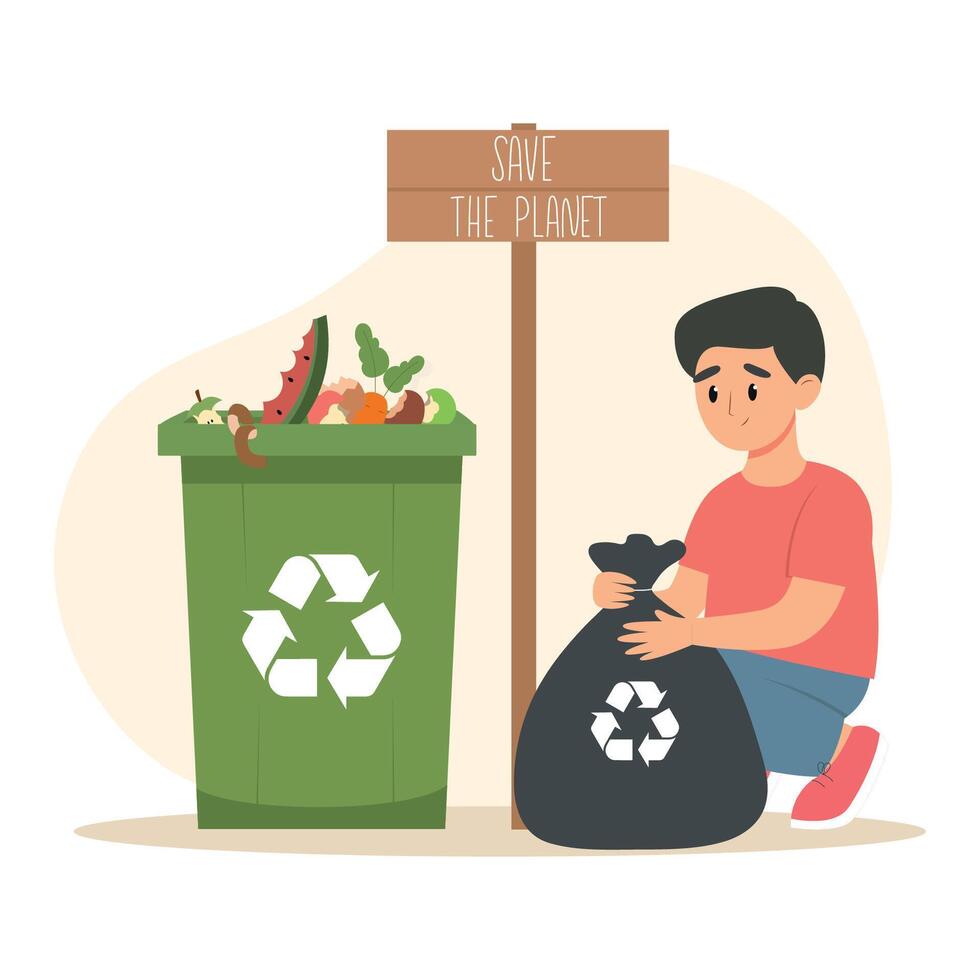 chico sentado y atadura basura bolso con orgánico reciclar basura a lanzar basura basura dentro un calle compartimiento envase con reciclaje firmar vector