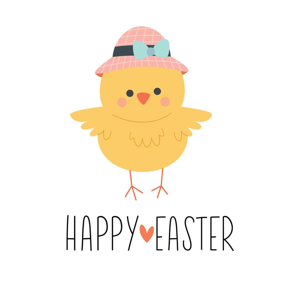 Hand drawn Happy Easter card with chick girl in hat with bow. Vector banner