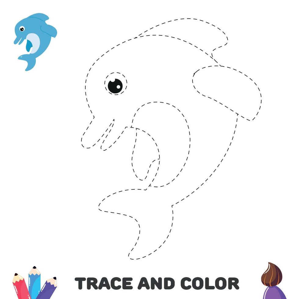 Trace dolphin. Coloring educational worksheet for kids. Activity page vector