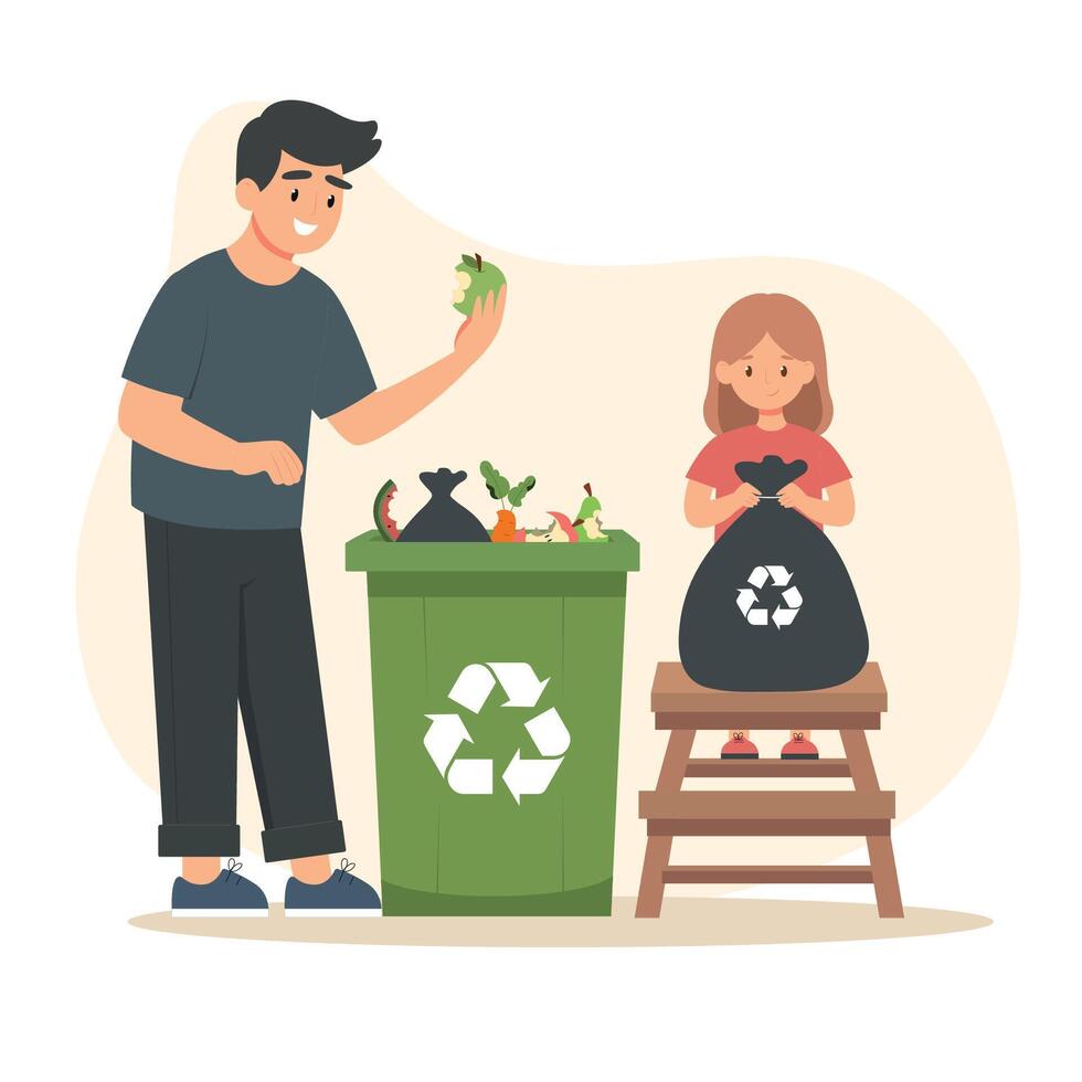 Family sorting organic garbage into a trash container. Dad and daughter recycle garbage, collecting waste, girl tying a trash bag vector