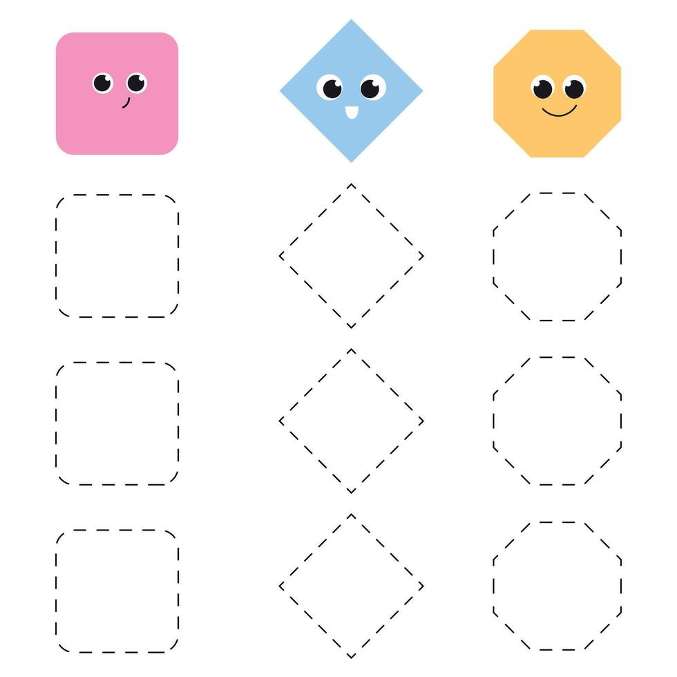 Handwriting practice for kids.  Trace worksheet with shapes. Rounded square, rhombus, octagon vector