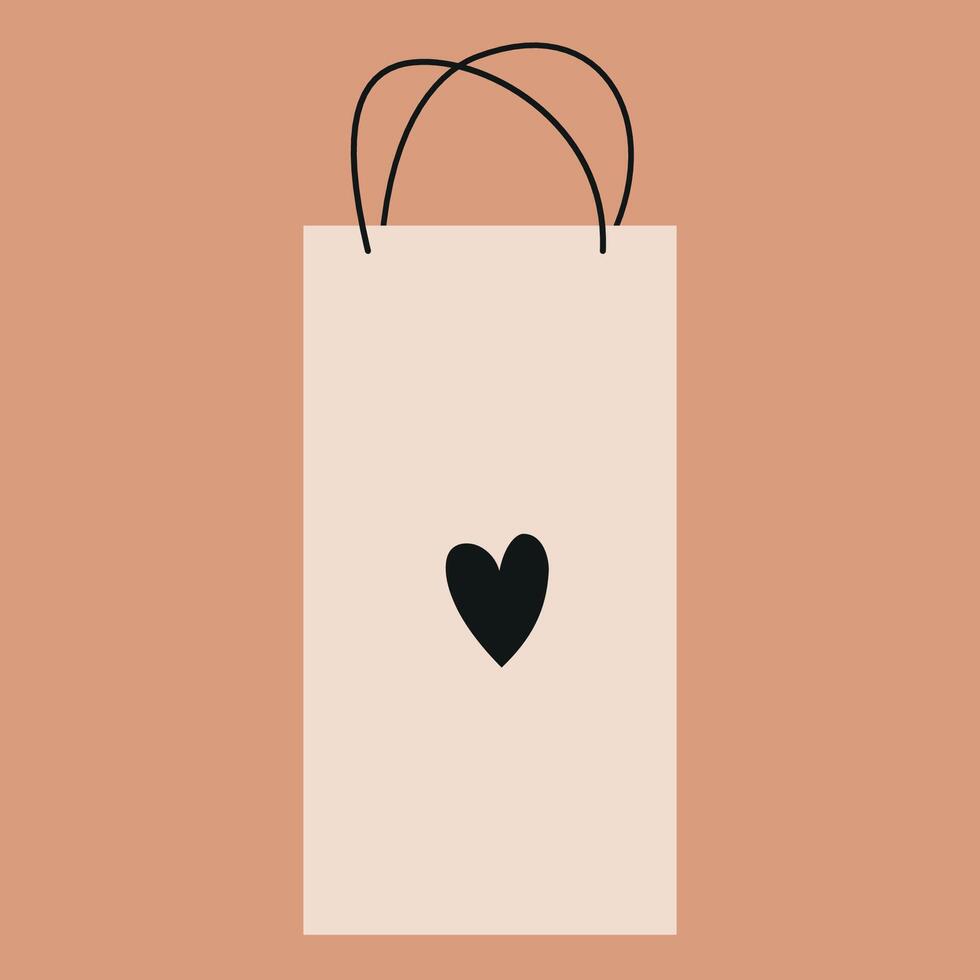 Cute hand drawn paper shopping or gift bag with heart. Vector