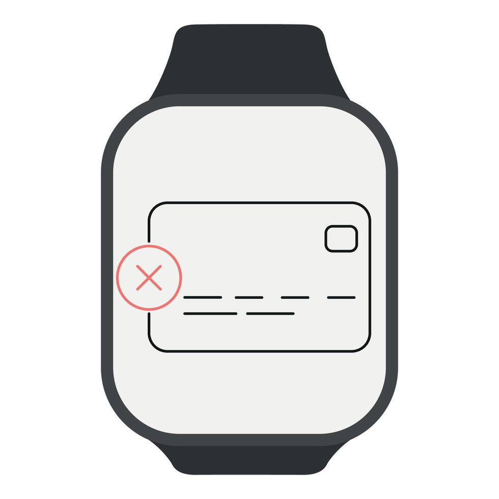 crédito tarjeta icono con rechazado pago marca en inteligente reloj pantalla. vector
