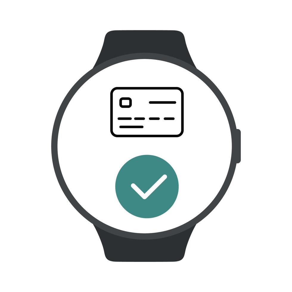 Credit card icon with approved payment check mark on smart watch screen. Vector