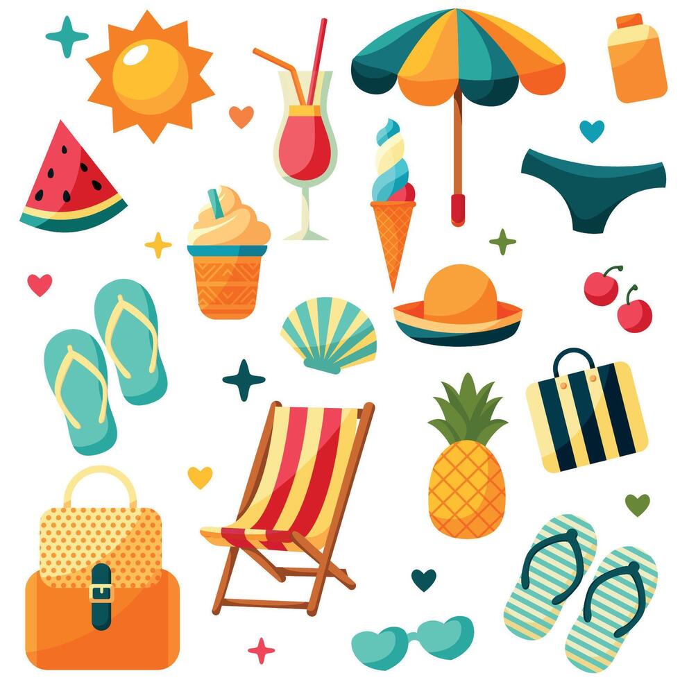 Cartoon vector summer set with beach elements. Summertime vibes, stickers. Fruits, bags, clothes and cocktails