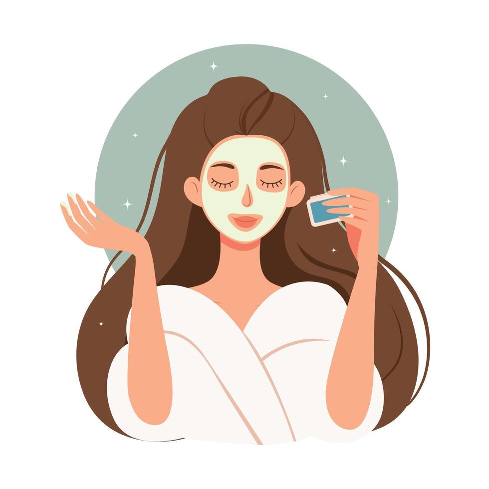 Girl daily beauty care routine. Woman with mask on face. Vector