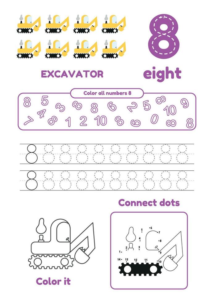 Learn number 8 for preschool kids. Many games on one page. Color, dot to dot, trace vector