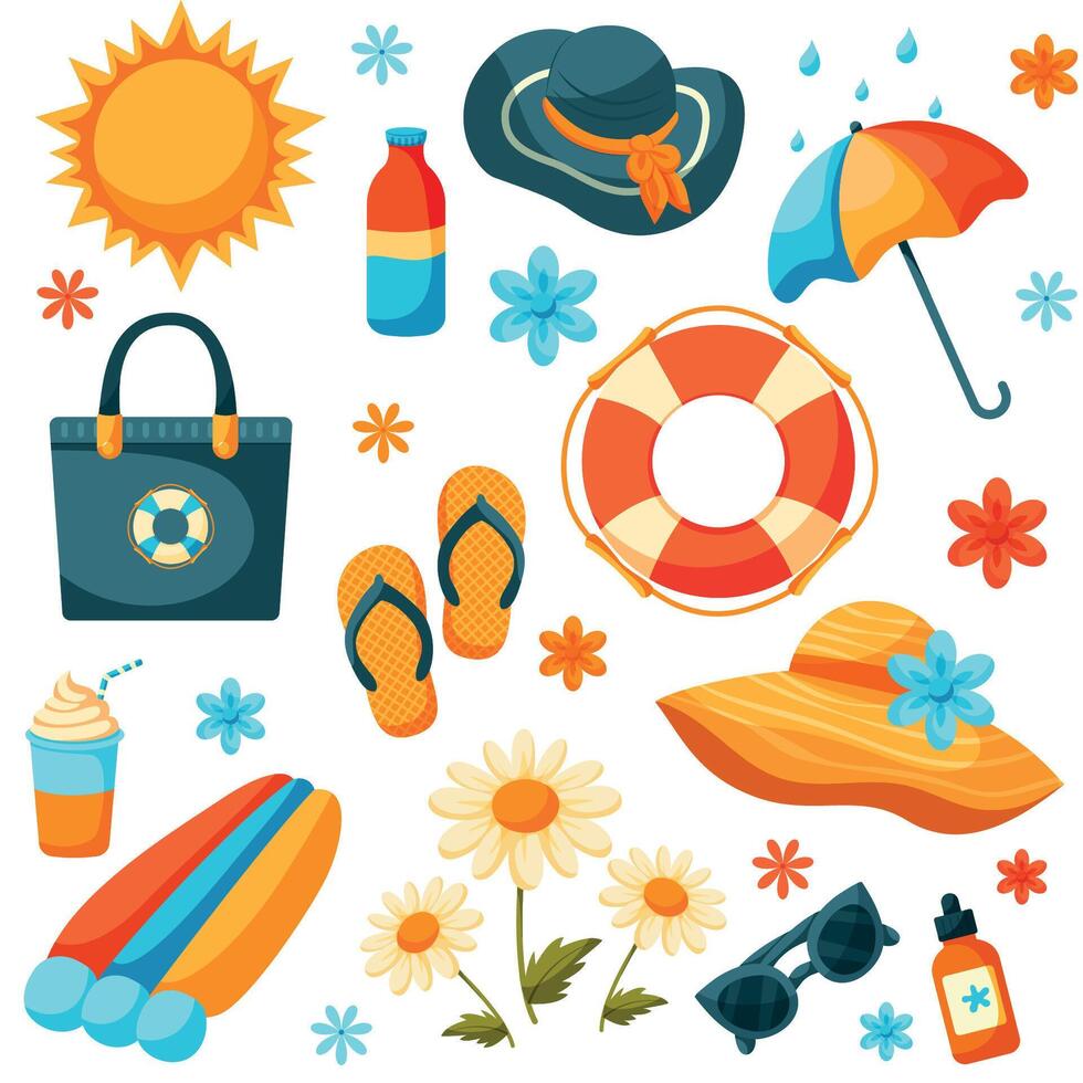 Summer set with cartoon beach elements. Funny bag with lifebuoy, dandelions flowers, ice cream and other colorful objects vector