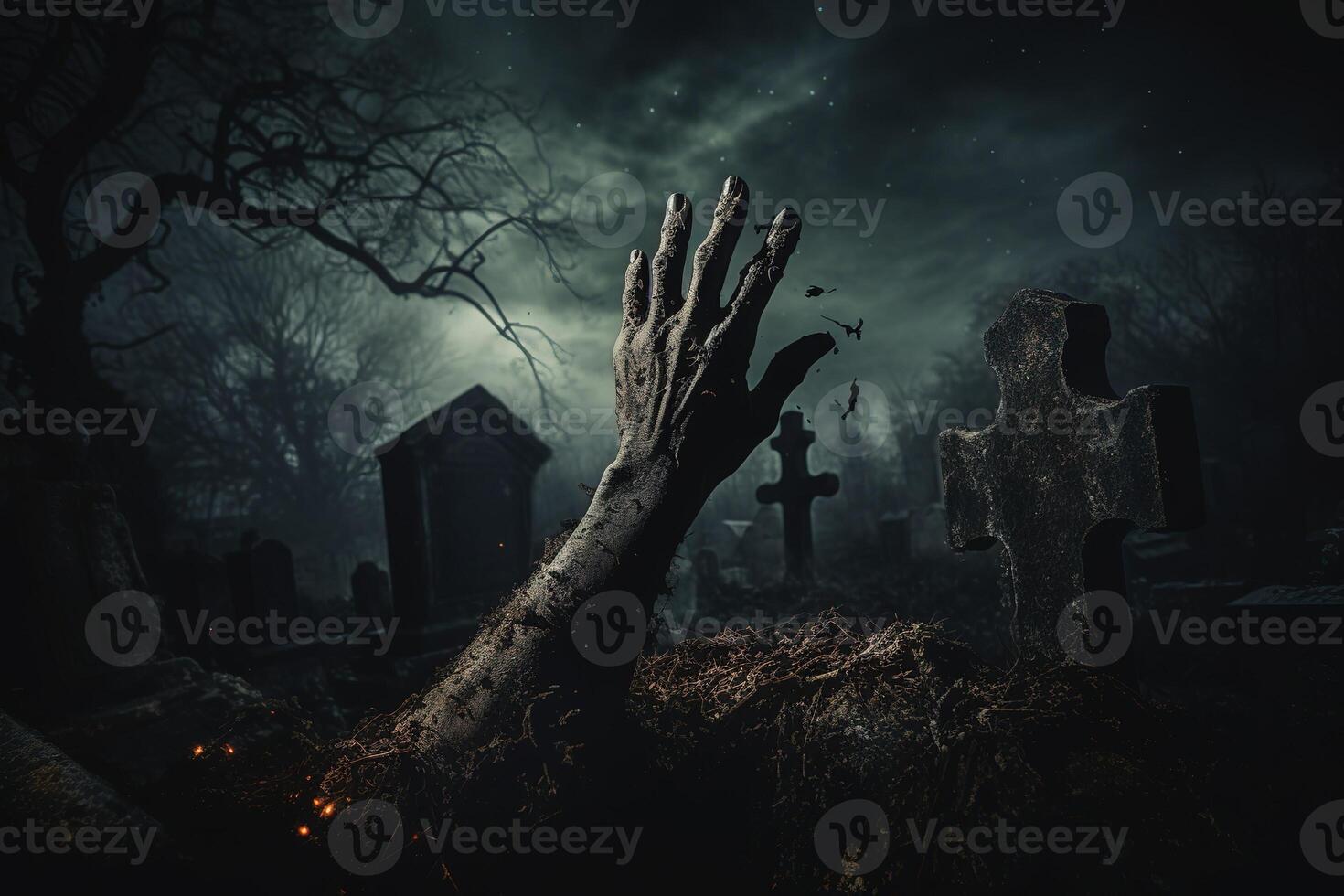 AI Generated Halloween Concept. A zombie hand rising from the ground photo