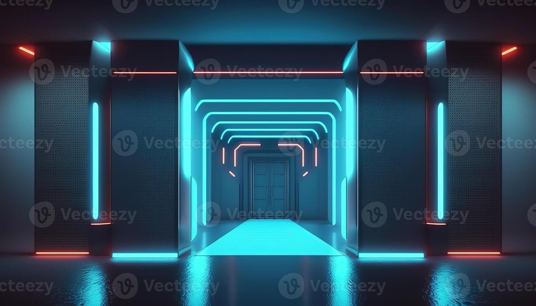 AI Generated Futuristic portal. Science fiction podium, pedestal, platform. Modern empty cyberpunk space. Technological background. Sky-fi digital hi-tech elements for presentation product. AI photo