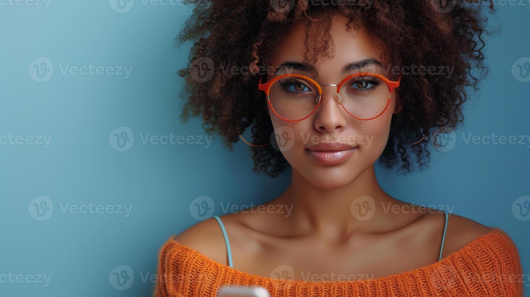AI Generated On a blue backdrop, an attractive young latin woman holding her cellphone is smiling happily, doing online shopping, using apps on her smartphone, looking aside at copy space. photo